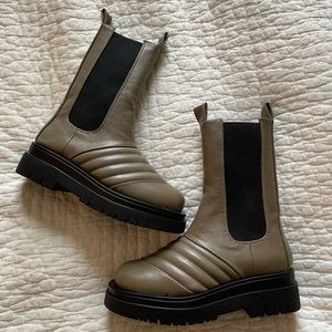 Ayah Stitch Detail Mid Calf Ankle Biker Boots in Khaki Green